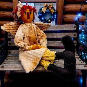 1990s Primitive Shabby Angel Rag Doll Red Yarn Hair Rustic Christmas Decor